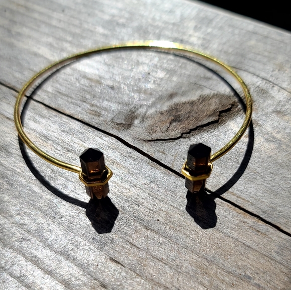Smokey quartz dual points gemstone sterling &gold dramatic bangle bracelet - Picture 6 of 7
